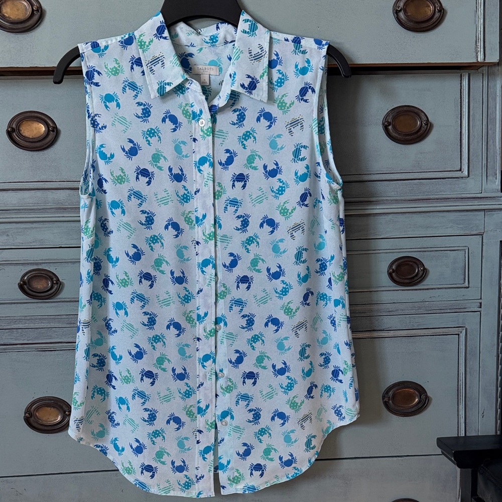 Talbots Blue and Green Crab Print Blouse